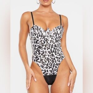 PLT Grey Leopard Faux Leather V Wire Bodysuit